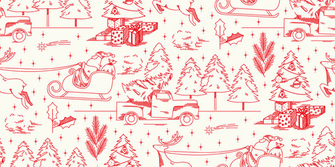 A modern twist in this toile de Jouy Christmas pattern. Monochrome seamless print background design. Vector illustration. Surface pattern design. Great for home decor and retro sewing projects. 