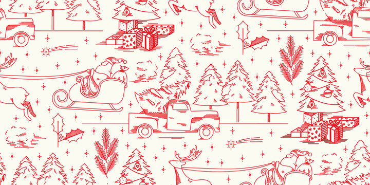 A modern twist in this toile de Jouy Christmas pattern. Monochrome seamless print background design. Vector illustration. Surface pattern design. Great for home decor and retro sewing projects. 