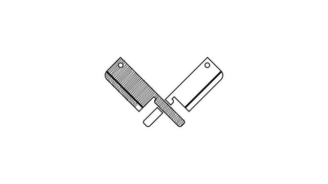 Black line Crossed meat chopper icon isolated on white background. Kitchen knife for meat. Butcher knife. 4K Video motion graphic animation