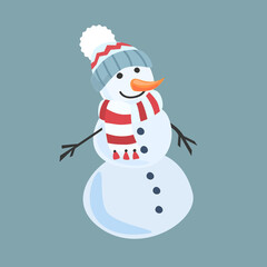 Snowman in a knitted hat and scarf. Isolated vector.