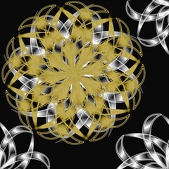 Abstract illustration featuring finely detailed gold and white ribbons and bows, on a black background