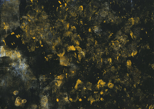 Vintage gold and black texture. Abstract splattered background. Modern art with bronze acrylic paint brush strokes on dark paper canvas