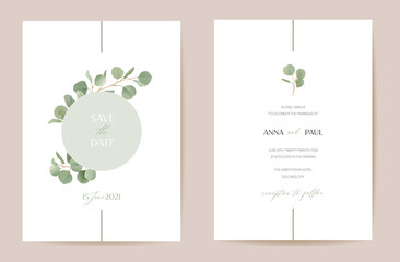 Wedding eucalyptus, green leaf branches floral Save the Date set. Vector realistic leaves greenery boho invitation - 455155517