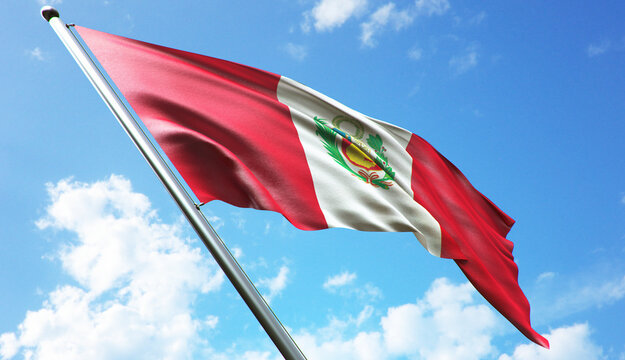3D rendering illustration of the Peru flag with a blue sky background