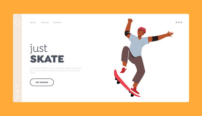 Fototapeta na wymiar Skateboarding Outdoors Activity Landing Page Template. Man in Modern Clothes and Safety Helmet Jumping on Skateboard