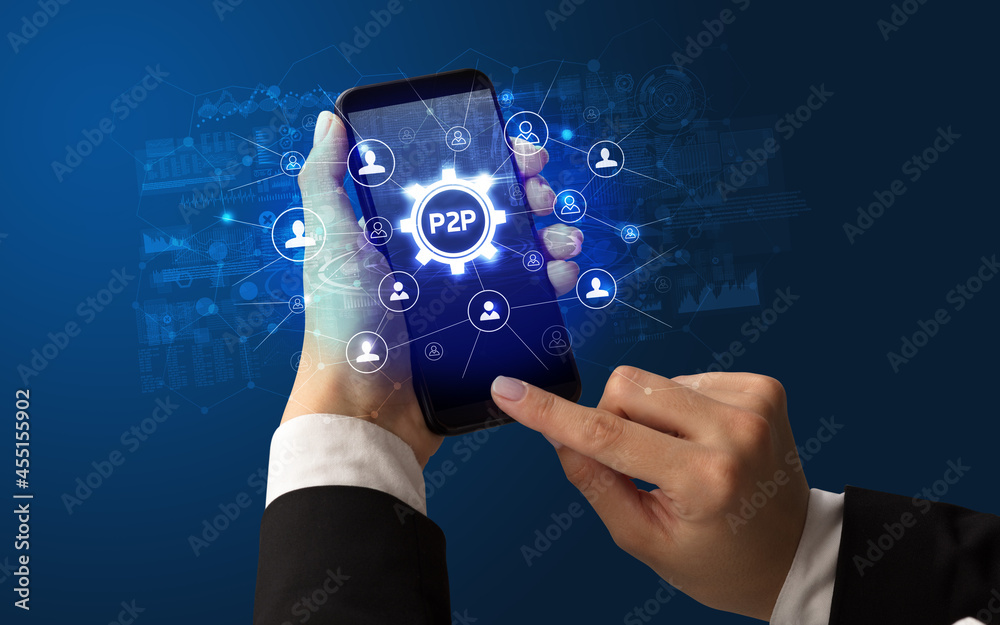 Poster hand using smartphone with technology concept