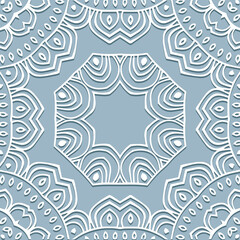 Fototapeta na wymiar Geometric volumetric convex ethnic white 3D pattern, abstract cover design. Embossed blue background, mandala. Cut paper effect, unique lace texture. Oriental, Indonesian, Asian motives.