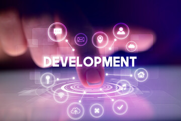 Finger touching tablet with web technology icons concept