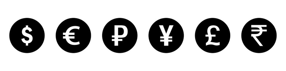 Obraz premium World currencies. Dollar, euro, ruble, yen, pound, rupee. Coin icons isolated on white background. Vector illustration