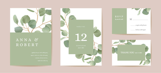 Wedding realistic eucalyptus, green leaf branches floral Save the Date set. Vector leaves greenery boho card © wooster