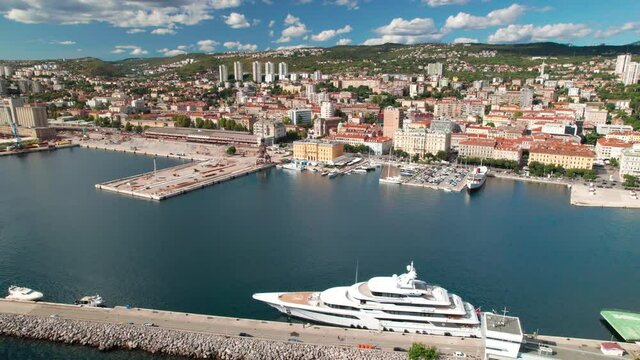 City of Rijeka waterfront aerial panoramic view, Kvarner bay of Croatia