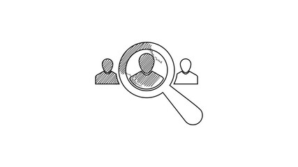 Black line Magnifying glass for search a people icon isolated on white background. Recruitment or selection concept. Search for employees and job. 4K Video motion graphic animation