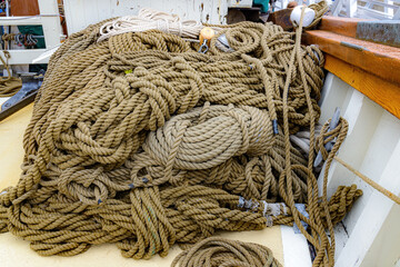Pile Of Brown Rope On A Sailing Ship