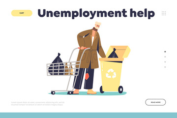 Unemployment help concept of landing page with poor homeless jobless man looking for food in trash