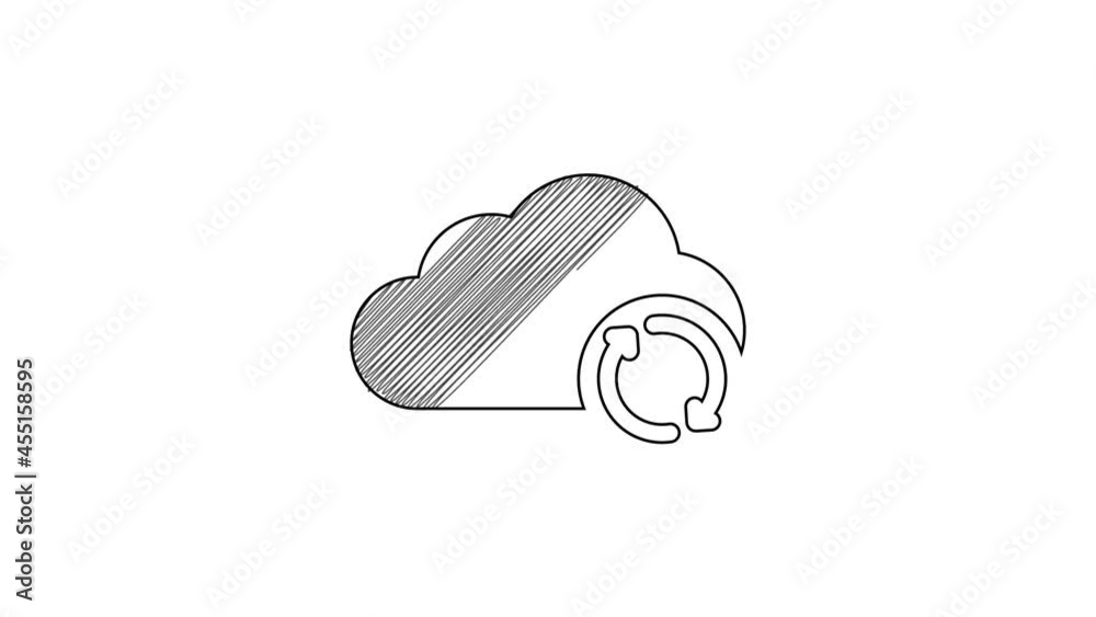 Sticker Black line Cloud sync refresh icon isolated on white background. Cloud and arrows. 4K Video motion graphic animation