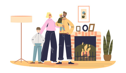 Happy family at home: parents with kids at fireplace. Mom, dad, son and daughter spent time together