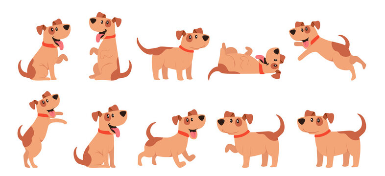 Set of Cute Dogs, Pets, Domestic Animals Walking, Sitting, Jumping, Giving Paw. Funny Cartoon Characters, Joyful Puppy