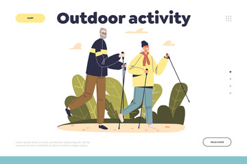 Outdoor activity concept of landing page with active senior man and woman nordic walking in park