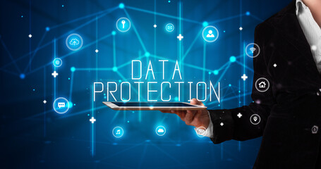 Person holding tablet, security concept