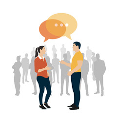 Personas, amigos, pareja conversando. Hombre y mujer intercambiando ideas mediante una conversación, burbuja de chat. Ilustración vectorial