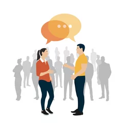 Fotobehang Personas, amigos, pareja conversando. Hombre y mujer intercambiando ideas mediante una conversación, burbuja de chat. Ilustración vectorial © Frank