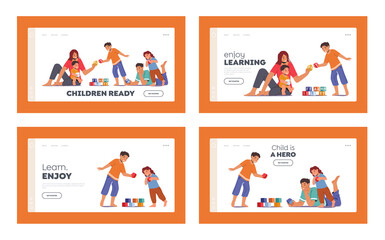Happy Family Spare Time Landing Page Template Set. Parents with Kids Leisure. Father and Mother Play Toys with Children