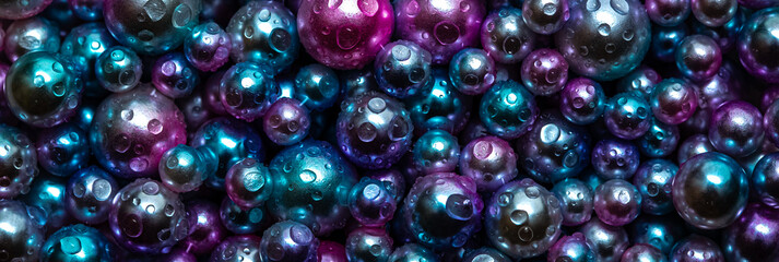 Beautiful background with nacreous dark pearls, top view. Abstract texture for festive backgrounds. Shiny multicolored dark surface of Christmas decorations. Gems close-up. Black bright background.