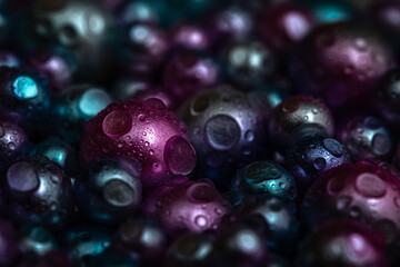 Beautiful background with nacreous dark pearls, top view. Abstract texture for festive backgrounds. Shiny multicolored dark surface of Christmas decorations. Gems close-up. Black bright background.