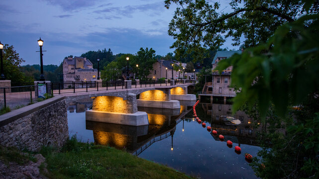 Sunrise downtown the village of Elora, Ontario, Canada along the Grand River in Centre Wellington
