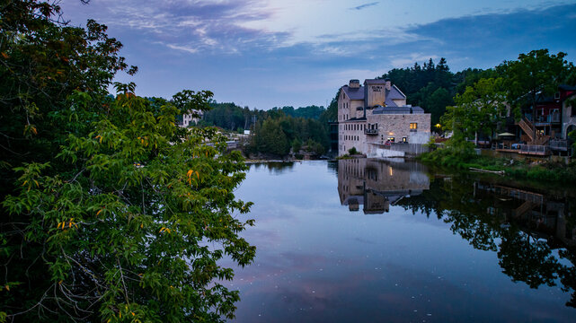 Sunrise downtown the village of Elora, Ontario, Canada along the Grand River in Centre Wellington