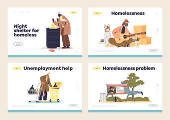 Homeless people concept for set of landing pages with beggars and tramps begging for money