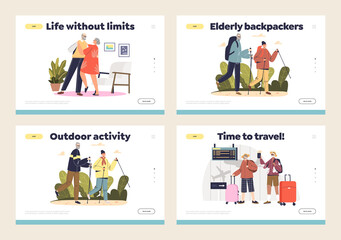 Activities for active senior couples landing pages set with happy elderly man and woman on leisure