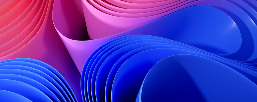 Curved sheets of paper. 3D Illustration. Blue and pink.