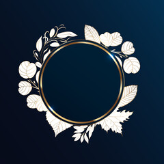 Wreath with tropical golden autumn leaves on a blue background. Round gold frame with place for text. Vector file.