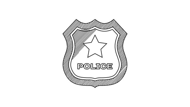 Black line Police badge icon isolated on white background. Sheriff badge sign. 4K Video motion graphic animation