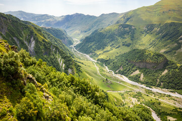 Fototapeta na wymiar Scenic views of Georgia mountains and canyons from above around Kazbek mountain