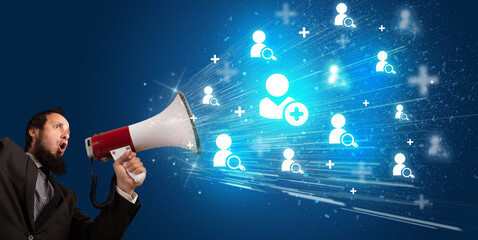 Young person with megaphone and social networking icon