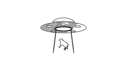 Black line UFO abducts cow icon isolated on white background. Flying saucer. Alien space ship. Futuristic unknown flying object. 4K Video motion graphic animation