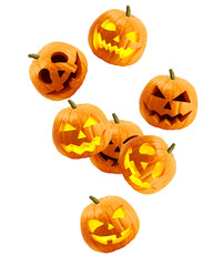 Falling Halloween pumpkin isolated on white background, clipping path, full depth of field