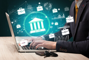 Business hand working on laptop, successful business concept