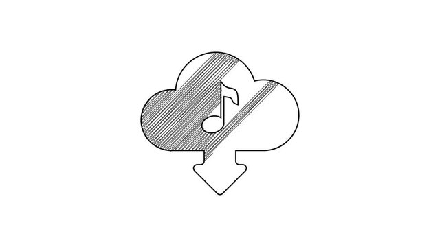 Black line Cloud download music icon isolated on white background. Music streaming service, sound cloud computing, online media streaming, audio wave. 4K Video motion graphic animation