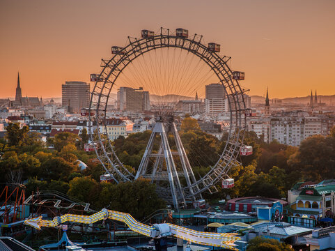 Vienna, Austria:  Riesenrad ferris wheel  at sunset