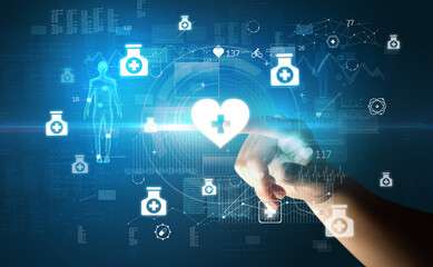 Doctor hand pressing futuristic health device with medical symbol on screen