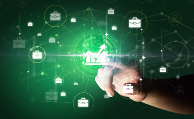 Businessman hand pressing stock graphic information on multitouch screen