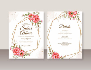 Wedding invitation template with floral watercolor and geometric border