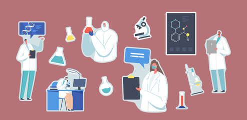 Set of Stickers Scientific Laboratory Research. Scientists Characters Working with Dna, Looking through Microscope