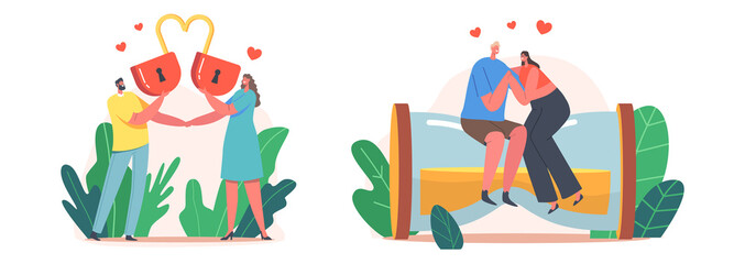 Happy Couples in Love, Relationship Concept. Loving Male and Female Characters with Heart Shaped Lock, Man Woman Dating