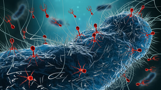 Generic bacteria such as Escherichia coli infected by group of phages or bacteriophages 3D rendering illustration. Microbiology, medicine, science, medical research, bacteriology, concept.
