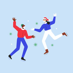 Young couple ice skating together wearing racing skates and face masks against covid virus, ice rink, Christmas outdoors activities, winter holidays during pandemic, vector cartoon illustration