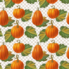 Graphic seamless pattern in retro style with pumpkins. Decorative pencil textured botanical background for a thanksgiving, wedding or branding design in gold, red, green and orange colors